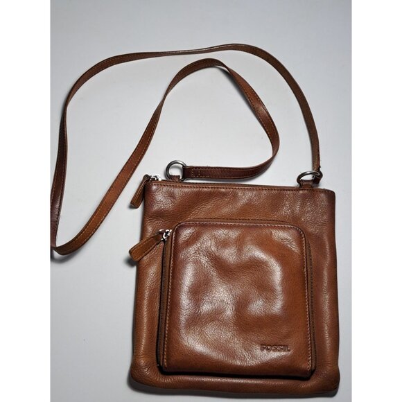 Fossil Leather Crossbody Messenger Bag Cognac Brown Women's Zipper Supple - Picture 1 of 9